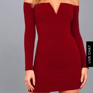 OVER THE SWOON WINE RED OFF SHOULDER BODYCON DRESS